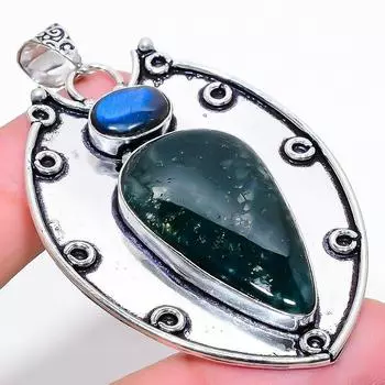 Подвеска из натурального индийского мохового агата, лабрадорита из стерлингового серебра 925 пробы 2,56 дюйма c1v59