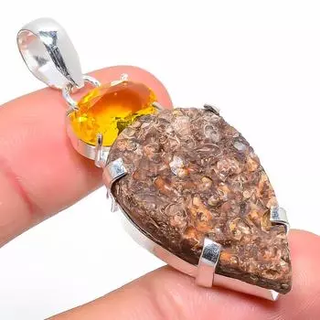 Подвеска из натурального ископаемого черепахи и цитрина из стерлингового серебра 925 пробы 2,25 дюйма I4Y24