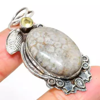 Подвеска из натурального ископаемого коралла, цитрина, стерлингового серебра 925 пробы, 2,21 дюйма, B3H04