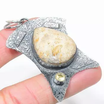 Подвеска из натурального ископаемого коралла и цитрина из стерлингового серебра 925 пробы, 2,60 дюйма, d6q76