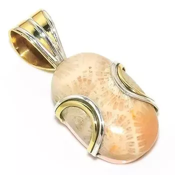 Подвеска из натурального ископаемого коралла из двухцветного стерлингового серебра 925 пробы 1,45 дюйма J7g86