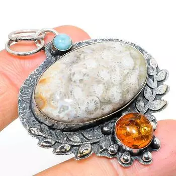 Подвеска из натурального ископаемого коралла, янтаря, стерлингового серебра 925 пробы, 2,29 дюйма, Q1a05