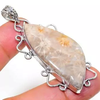 Подвеска из натурального ископаемого коралла ручной работы из стерлингового серебра 925 пробы 2,36 дюйма T6Q90