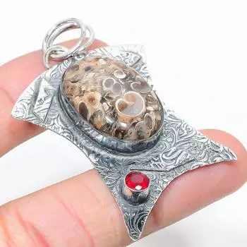 Подвеска из натурального ископаемого туррителлы, граната, стерлингового серебра 925 пробы, 2,44 дюйма P7i87