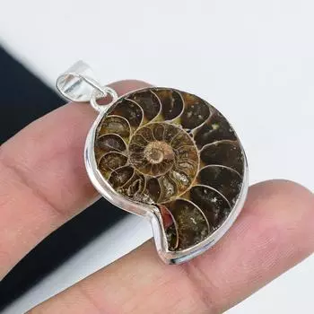 Подвеска из натурального камня аммонит, серебро 925 пробы — дизайн ручной работы, повседневные украшения, уникальная подвеска из аммонита, подарки на День отца 2.36 коричневый