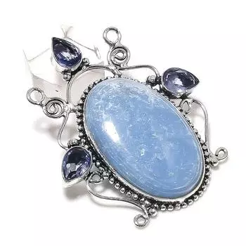 Подвеска из натурального камня ангелит, аметист, стерлинговое серебро 925 пробы, 2,36 дюйма, m4U35