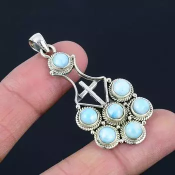 Подвеска из натурального камня Ларимар, серебро 925 пробы, крест, религиозная подвеска ручной работы, ювелирный подарок на День святого Валентина синий