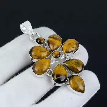 Подвеска из натурального камня тигровый глаз из стерлингового серебра 925 пробы - дизайн в виде цветка ручной работы, идеально подходит для подарков и повседневного ношения. Ювелирные подарки 2 коричневый