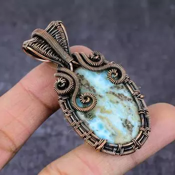 Подвеска из натурального карибского ларимара ручной работы из медной проволоки 2,44 дюйма r6I40