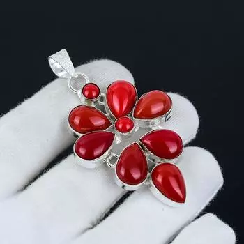 Подвеска из натурального красного коралла из стерлингового серебра 925 пробы - дизайн в виде цветка ручной работы из красного коралла, идеально подходит для подарков, вечеринок и повседневной элегантности 2 красный