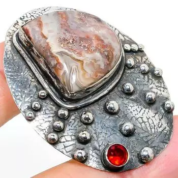 Подвеска из натурального кружева агата и граната, стерлингового серебра 925 пробы, 1,97 дюйма, E3F01