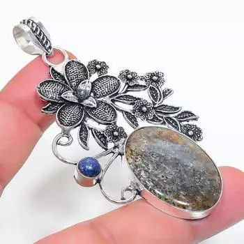 Подвеска из натурального кварца Лодолит, лазурита, стерлингового серебра 925 пробы, 3,03 дюйма, I5m42