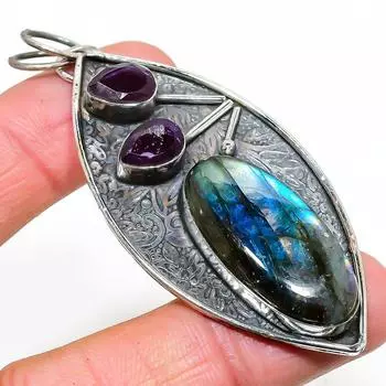 Подвеска из натурального лабрадорита, аметиста, стерлингового серебра 925 пробы, 2,99 дюйма, p0r25
