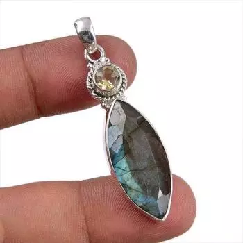 Подвеска из натурального лабрадорита, цитрина, ручная работа, из цельного серебра 925 пробы, 2 дюйма, r0D94