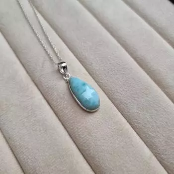 Подвеска из натурального ларимара, ручная работа, серебро 925 пробы, прочное повседневное украшение, многослойное ожерелье с цепочкой, подарок для нее Free Size небесно-голубой