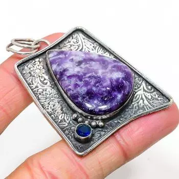 Подвеска из натурального лепидолита, голубого топаза, стерлингового серебра 925 пробы, 2,25 дюйма, U1o88