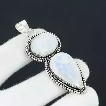 Подвеска из натурального лунного камня ручной работы из стерлингового серебра 925 пробы, подвеска с двумя камнями, праздничный подарок для нее, ювелирные изделия для особых случаев 2.75 белый