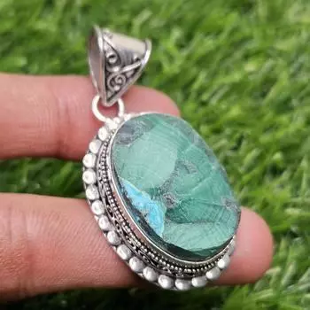 Подвеска из натурального малахита, азурита, друзы, стерлинговое серебро 925 пробы, подвеска с драгоценным камнем, кулон овальной формы, подарок для нее зелёный