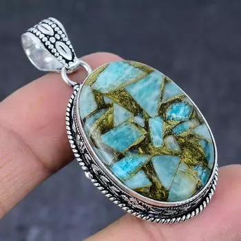 Подвеска из натурального медного амазонита ручной работы из стерлингового серебра 925 пробы 2,05 дюйма F2c67