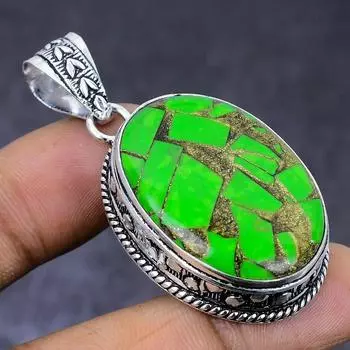 Подвеска из натурального медного зеленого бирюзового драгоценного камня из стерлингового серебра 925 пробы 2,01 дюйма D3k20