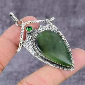 Подвеска из натурального мха, пренита и диопсида, серебро 925 пробы, 2,25 дюйма, e2b25