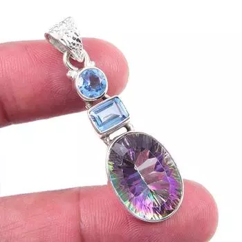 Подвеска из натурального мистического топаза, голубого топаза, из цельного серебра 925 пробы, 1,75 дюйма, B6s10