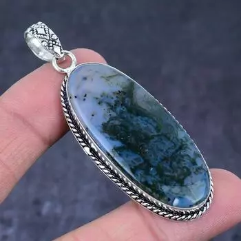Подвеска из натурального мохового агата ручной работы из стерлингового серебра 925 пробы 2,64 дюйма U4g03