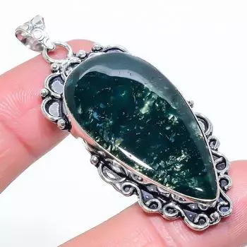 Подвеска из натурального мохового агата ручной работы из стерлингового серебра 925 пробы 2,44 дюйма H7w89