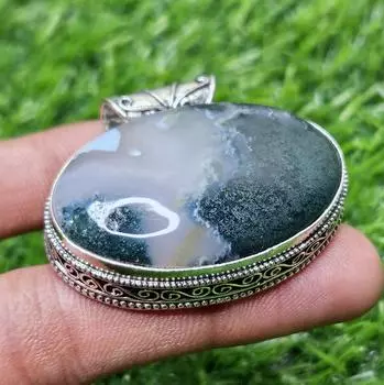Подвеска из натурального мохового агата, серебро 925 пробы, овальная подвеска из мохового агата, серебряный кулон, подарок для нее белый