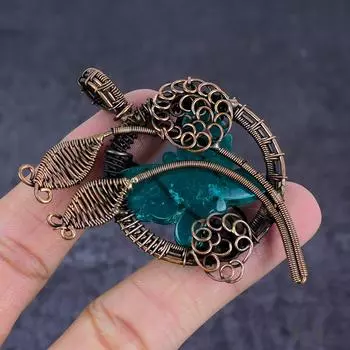 Подвеска из натурального неоново-голубого апатита с медной проволокой 2,84 дюйма V9N77