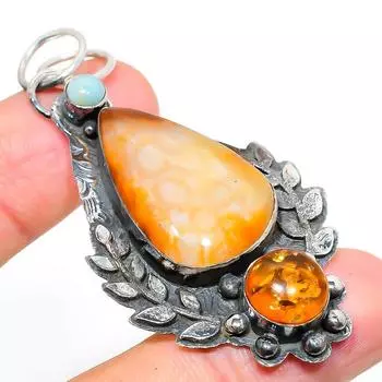 Подвеска из натурального окаменелого коралла, янтаря, стерлингового серебра 925 пробы, 2,56 дюйма, Z9h31
