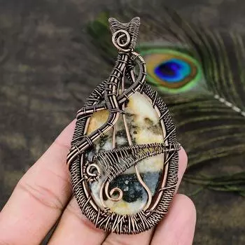 Подвеска из натурального океанического яшмового камня ручной работы из медной проволоки 3,59 A6k71