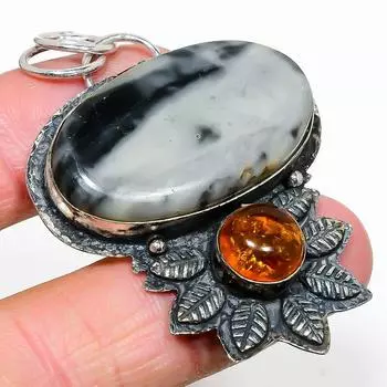 Подвеска из натурального океанского агата и янтаря из стерлингового серебра 925 пробы 2,36 дюйма i5m43