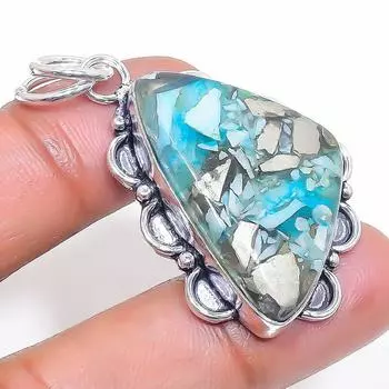 Подвеска из натурального пирита в бирюзовом цвете из стерлингового серебра 925 пробы 1,85 дюйма Z4J42