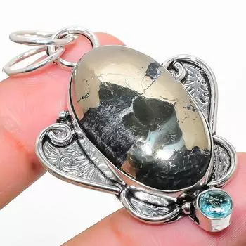 Подвеска из натурального пиритового агата и голубого топаза из стерлингового серебра 925 пробы 2,13 дюйма u1V49