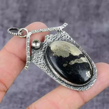 Подвеска из натурального пиритового агата и топаза ручной работы из стерлингового серебра 925 пробы 2,36 дюйма J9n88