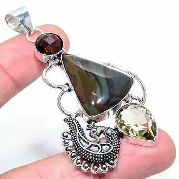 Подвеска из натурального полихромного яшмы, апатита, стерлингового серебра 925 пробы, 2,92 дюйма, V4e81