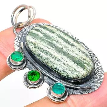 Подвеска из натурального полосатого зеленого опала, диопсида из стерлингового серебра 925 пробы 2,17 дюйма V9s10