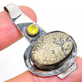 Подвеска из натурального псиломелана, дендритного серебра 925 пробы и цитрина, 1,97 дюйма, v9r50