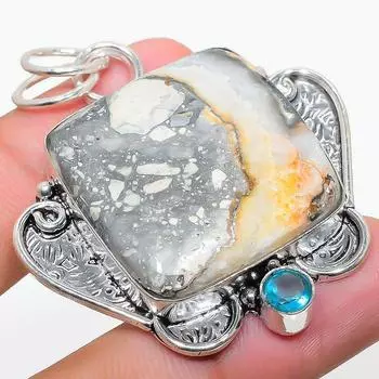 Подвеска из натурального яшмы Малигано и голубого топаза из стерлингового серебра 925 пробы 2,09 дюйма h9h65