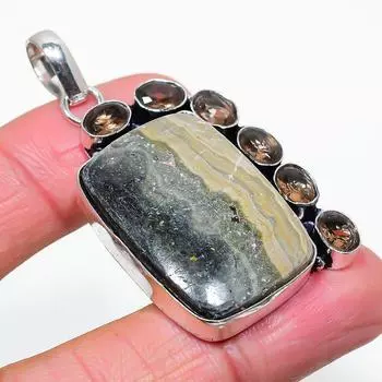 Подвеска из натурального яшмы «Шмель», топаза, стерлингового серебра 925 пробы, 2,17 дюйма, g5u44