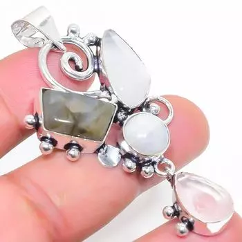 Подвеска из натурального радужного лунного камня и лабрадорита из стерлингового серебра 925 пробы 2,48 дюйма B5G01