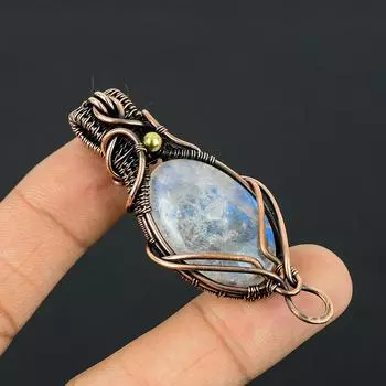 Подвеска из натурального радужного лунного камня, медная проволока, подарок, 2,15 дюйма, v7J59