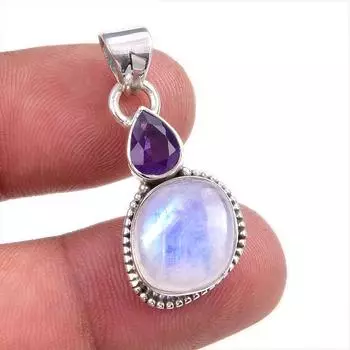 Подвеска из натурального радужного лунного камня, аметиста, из цельного серебра 925 пробы, 1,50 дюйма, N5W43