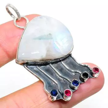 Подвеска из натурального радужного лунного камня, рубиллита из стерлингового серебра 925 пробы 2,29 дюйма z3v12