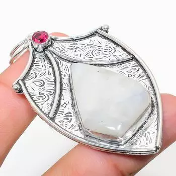 Подвеска из натурального радужного лунного камня, рубиллита из стерлингового серебра 925 пробы 2,76 дюйма O3L16