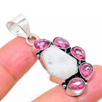 Подвеска из натурального радужного лунного камня, рубиллита из стерлингового серебра 925 пробы 1,93 дюйма J7A23