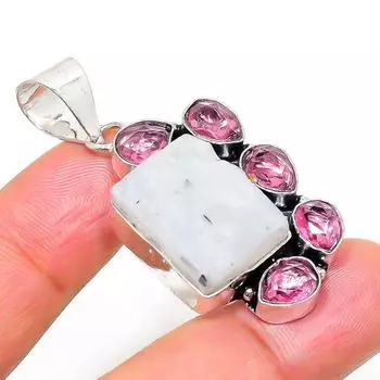 Подвеска из натурального радужного лунного камня, рубиллита из стерлингового серебра 925 пробы 1,97 дюйма q7Y68