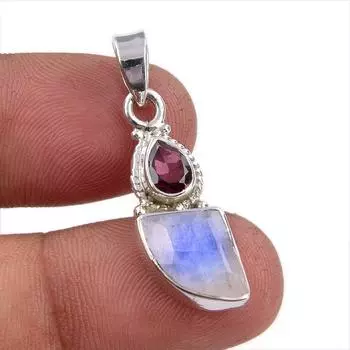 Подвеска из натурального радужного лунного камня, граната, стерлингового серебра 925 пробы, 1,25 дюйма, D6g56