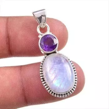 Подвеска из натурального радужного лунного камня и аметиста из цельного серебра 925 пробы, 1,50 дюйма b3T43